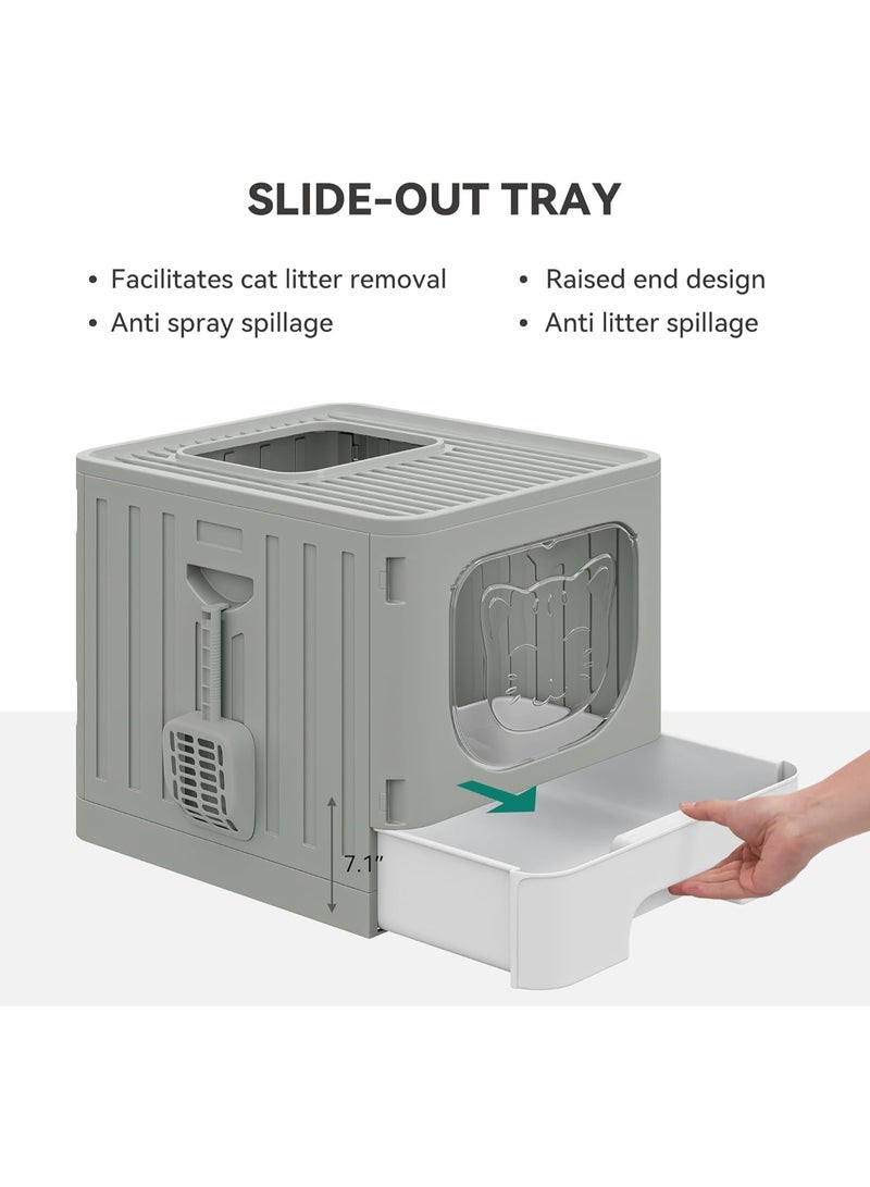 م اكس م صندوق فضلات القطط والحيوانات الأليفة كبير مع غطاء، صندوق فضلات قابل للطي مع درج قابل للسحب، صينية مرحاض القطط المضادة للرذاذ، تصميم سهل التنظيف مع مغرفة وفرشاة رمادي/أبيض (رمادي، كبير) - Image 3